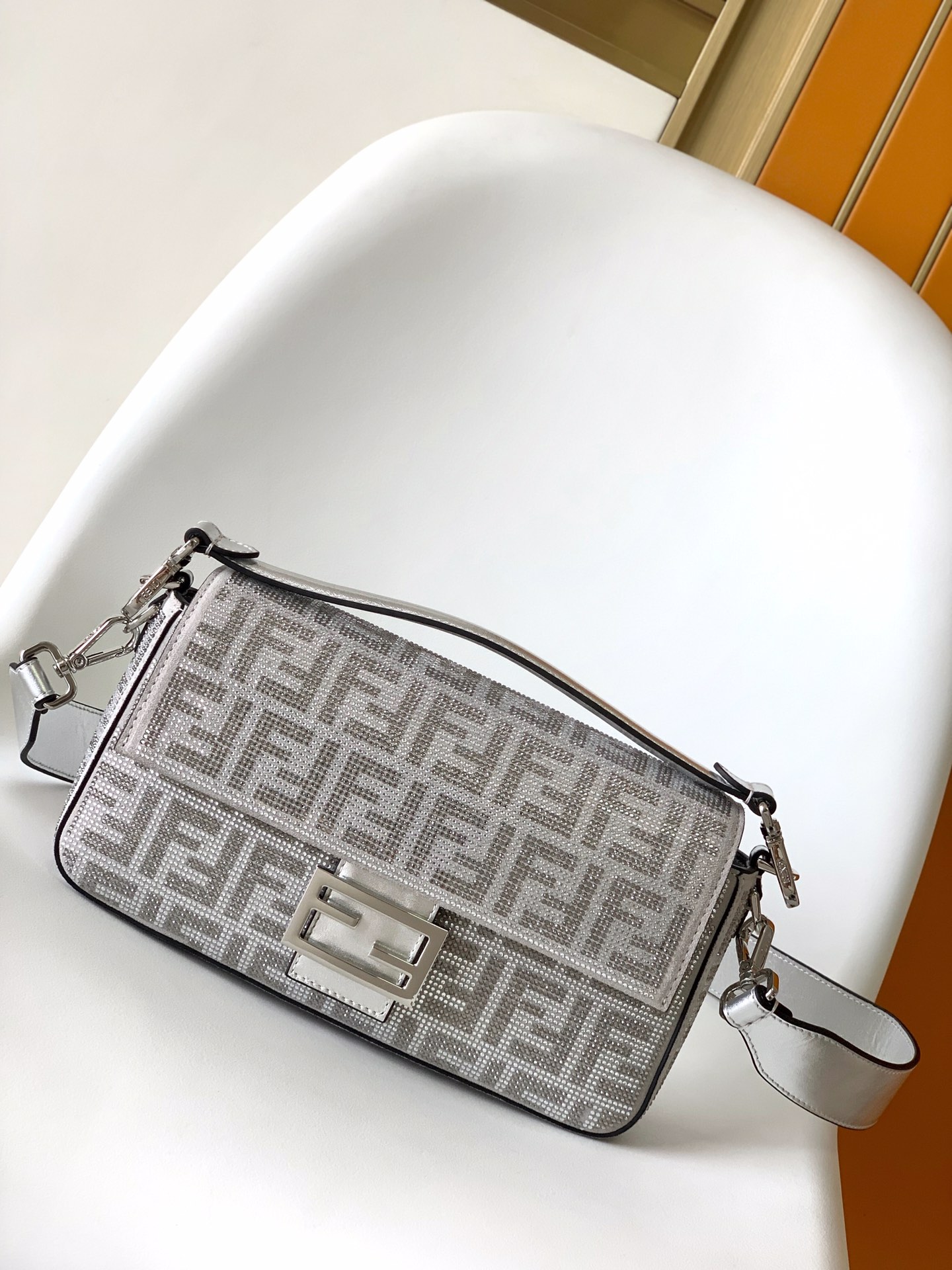 Fendi Medium Baguette FF Chenille Shoulder Bag Silver